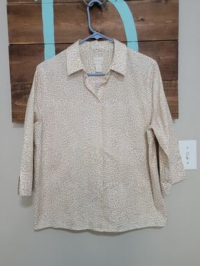 Chico's Cream and Light Brown Leopard Print Lightweight 3/4 Sleeves Blouse Large